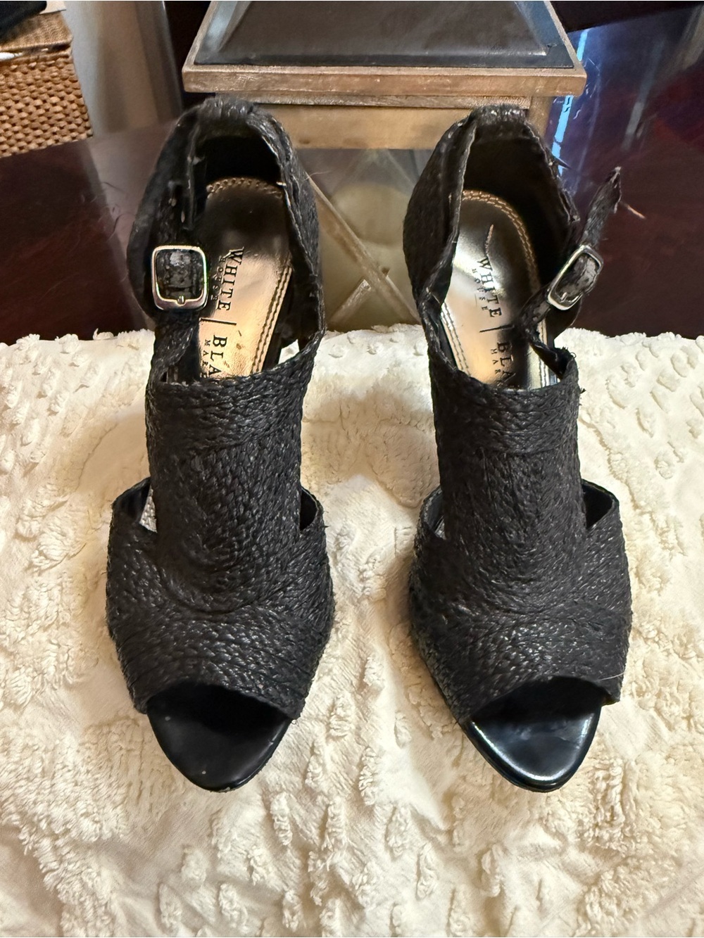 White House Black Market Black Woven Peep-Toe Ankle Strap Heels